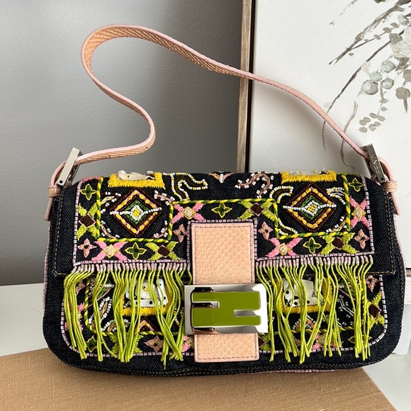 Fendi Handbags - Vintage FENDI denim embroidery beaded baguette bag